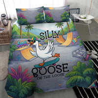 Funny Silly Goose on The Loose Bedding Set with Skateboard and Palm Trees