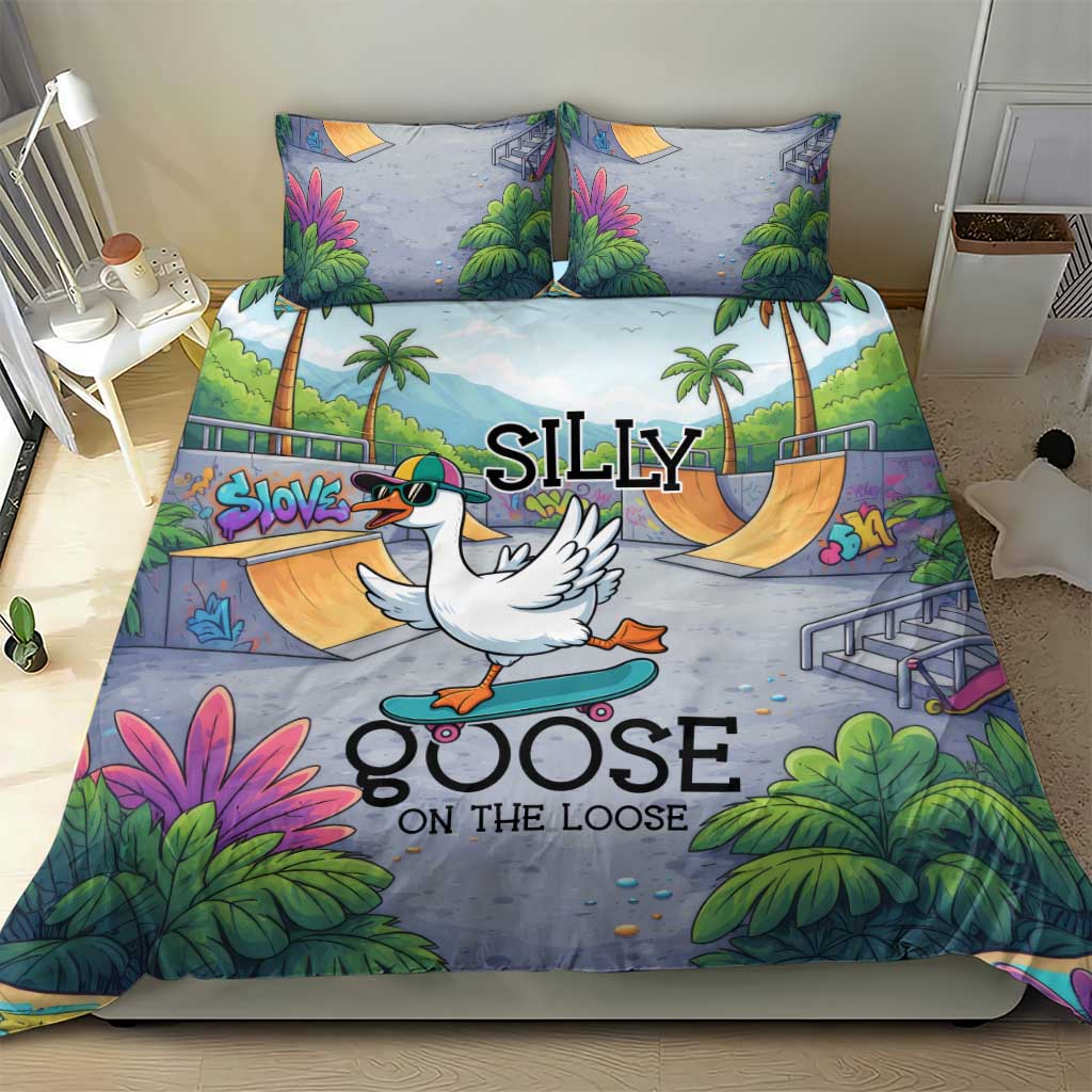 Funny Silly Goose on The Loose Bedding Set with Skateboard and Palm Trees
