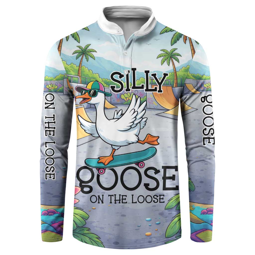 Funny Silly Goose on The Loose Button Sweatshirt with Skateboard and Palm Trees