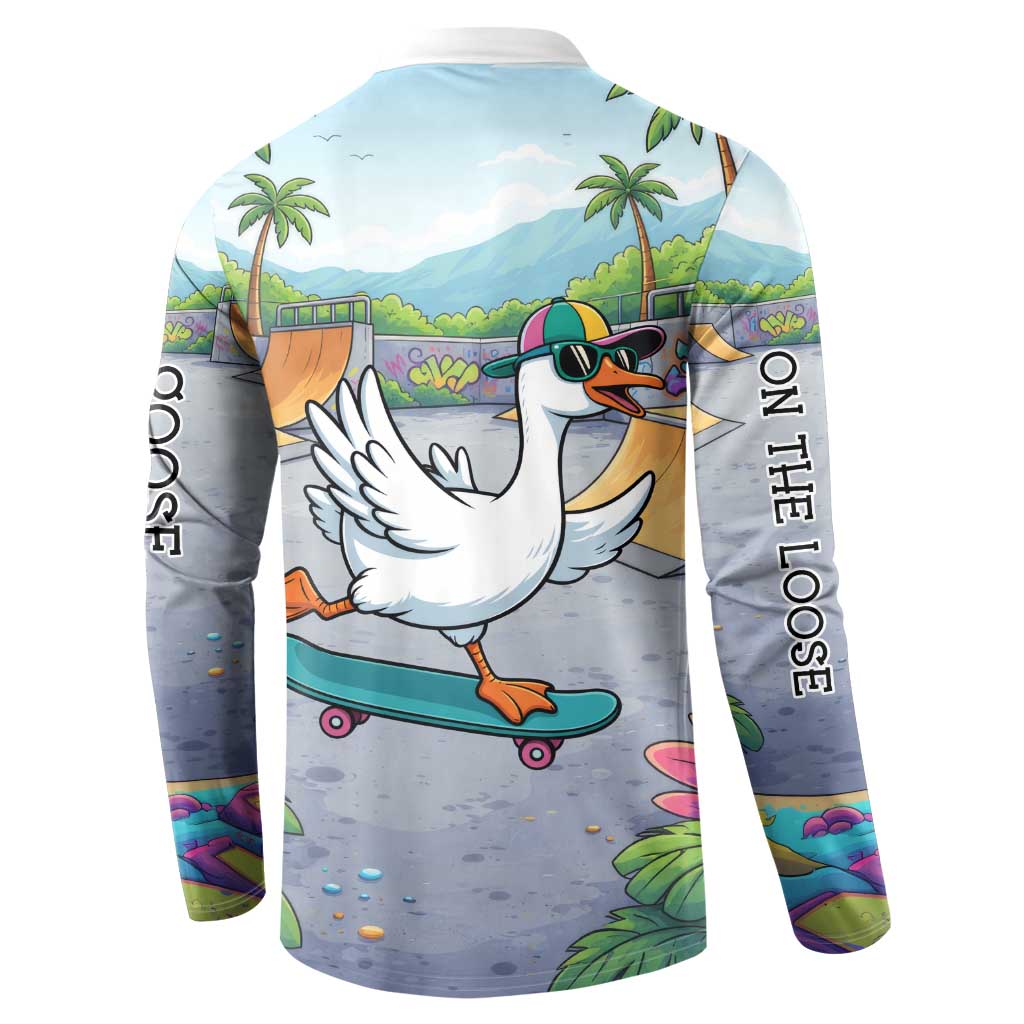 Funny Silly Goose on The Loose Button Sweatshirt with Skateboard and Palm Trees