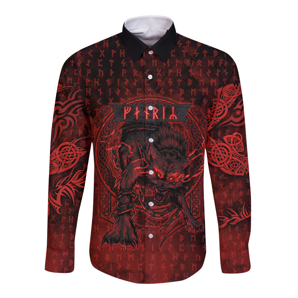 Fenrir Norse Wolf Long Sleeve Button Shirt Viking Runic Celtic Knot Dark Art