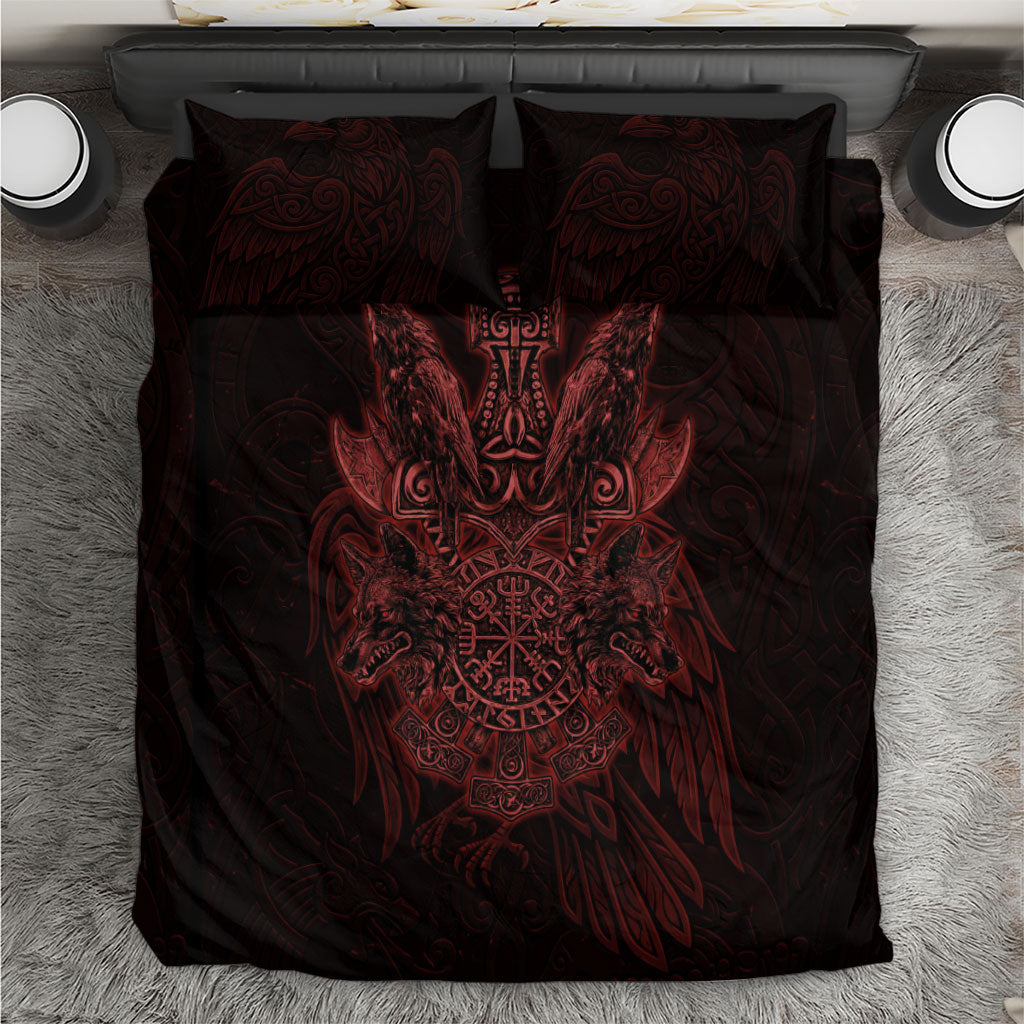 Huginn and Muninn with Fenrir and Vegvisir Bedding Set Viking Runic Celtic Knot Dark Gothic Art