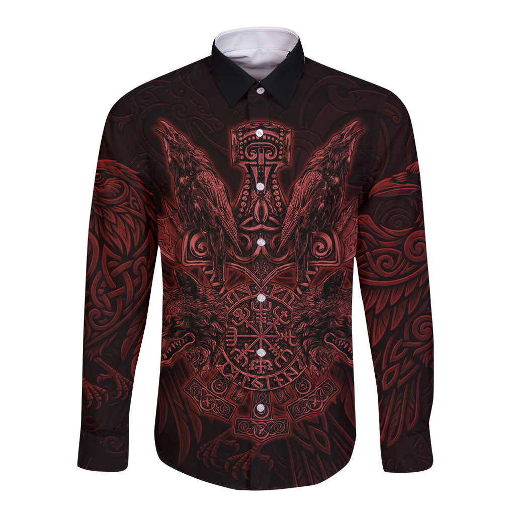 Huginn and Muninn with Fenrir and Vegvisir Long Sleeve Button Shirt Viking Runic Celtic Knot Dark Gothic Art