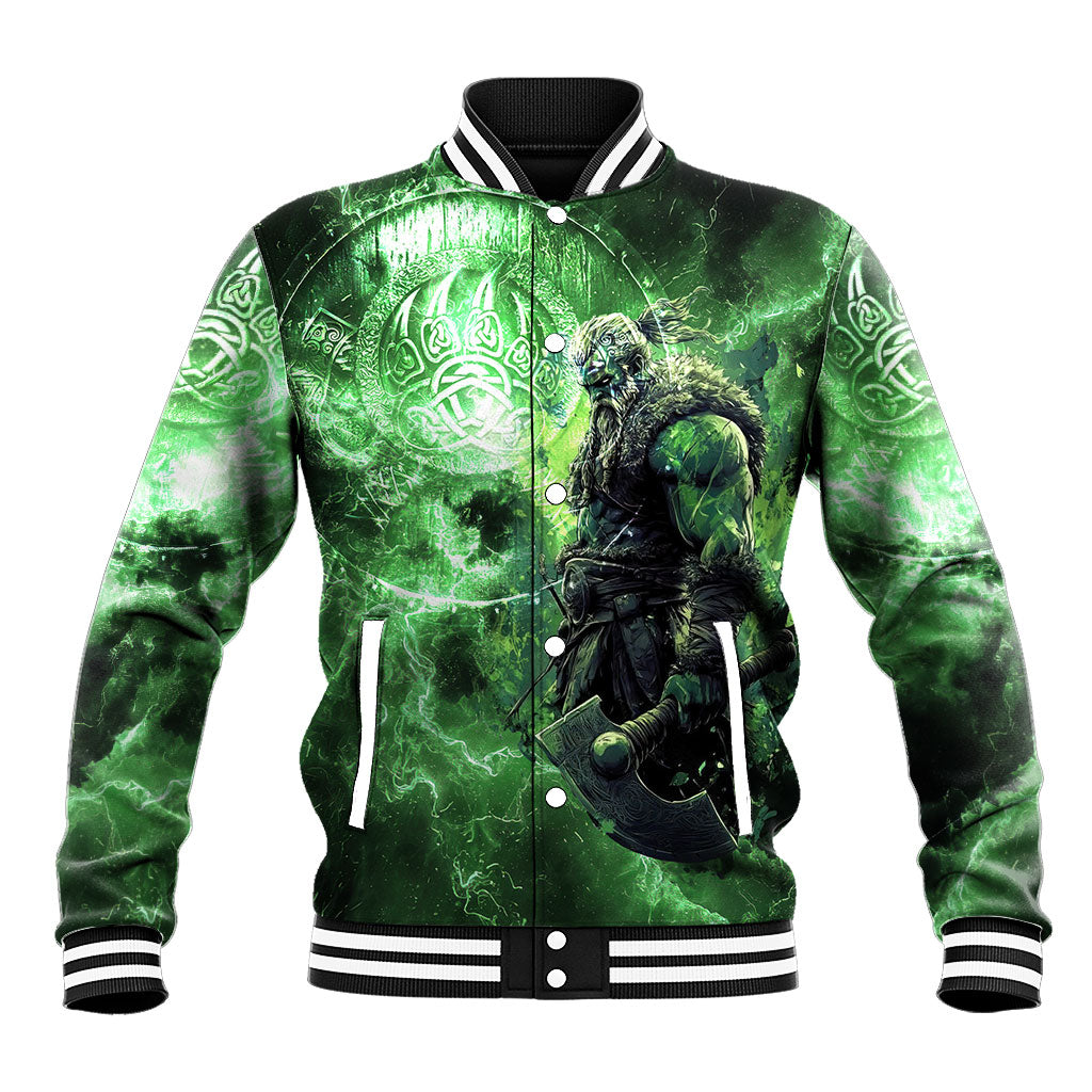 Norse Viking Warrior with Axe Baseball Jacket Celtic Knot Nordic Fantasy Lightning Art