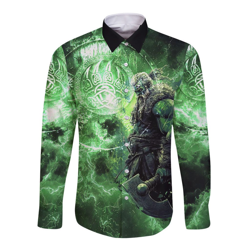 Norse Viking Warrior with Axe Long Sleeve Button Shirt Celtic Knot Nordic Fantasy Lightning Art