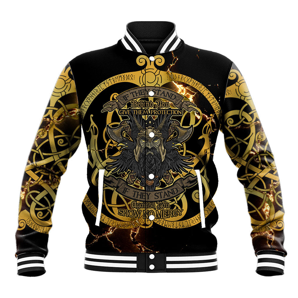 Viking Warrior Guardian Quote Baseball Jacket Runic Circle Odin Ravens Mythology Dark Gold