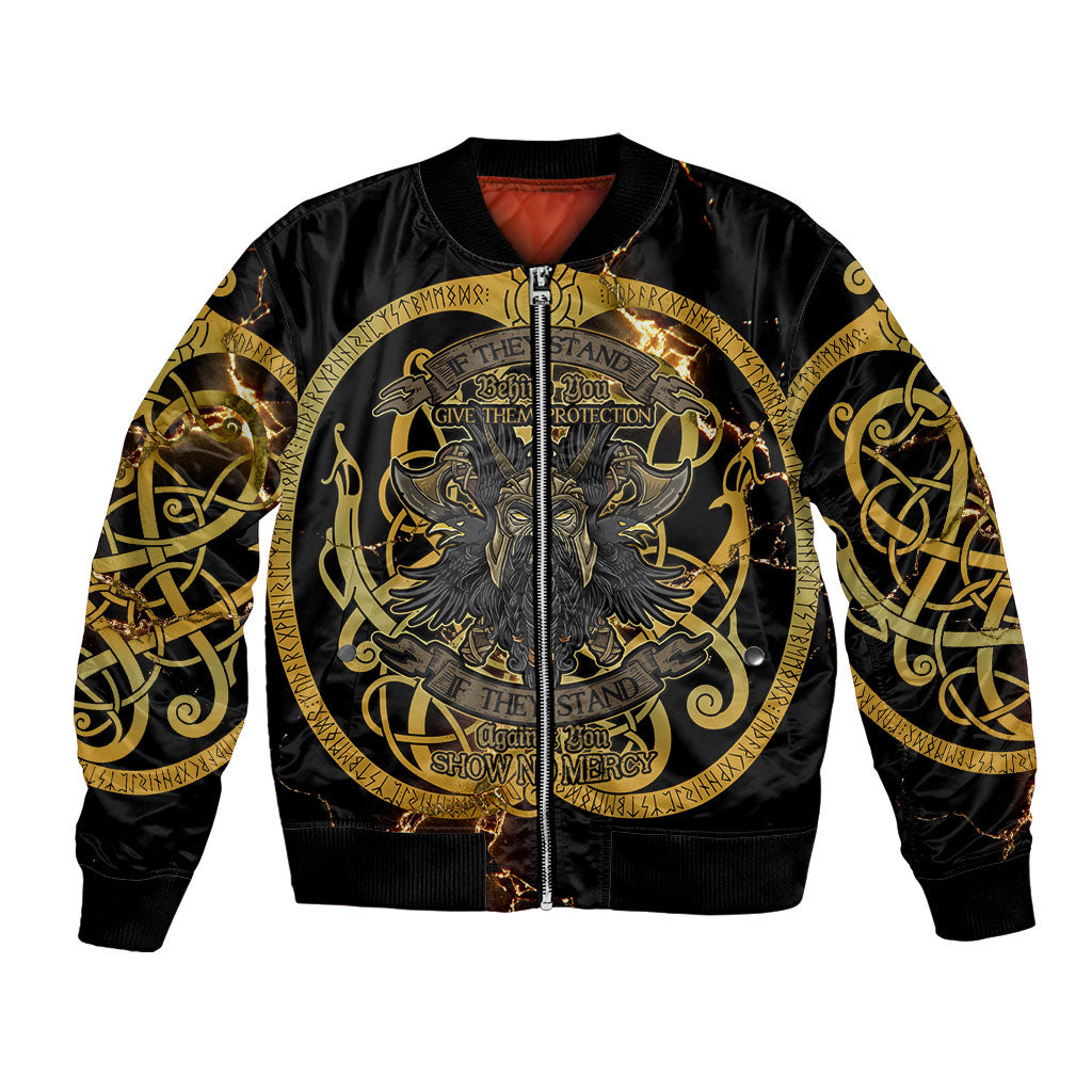 Viking Warrior Guardian Quote Bomber Jacket Runic Circle Odin Ravens Mythology Dark Gold