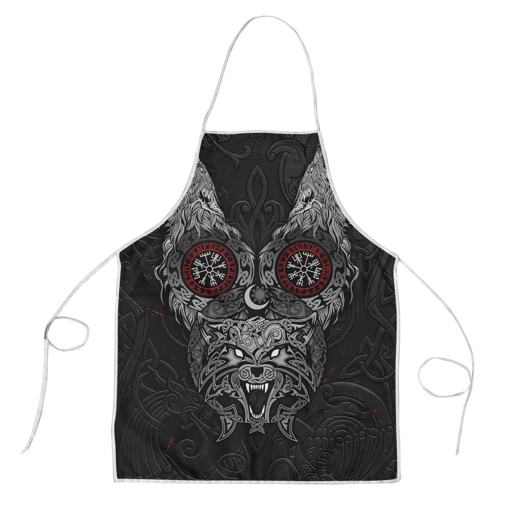 Fenrir Wolf and Vegvisir Viking Apron Nordic Celtic Knotwork Black and Red Tribal Art
