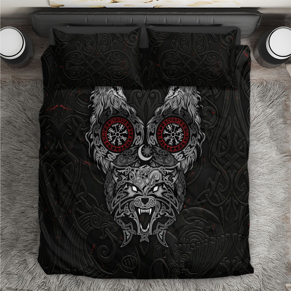 Fenrir Wolf and Vegvisir Viking Bedding Set Nordic Celtic Knotwork Black and Red Tribal Art