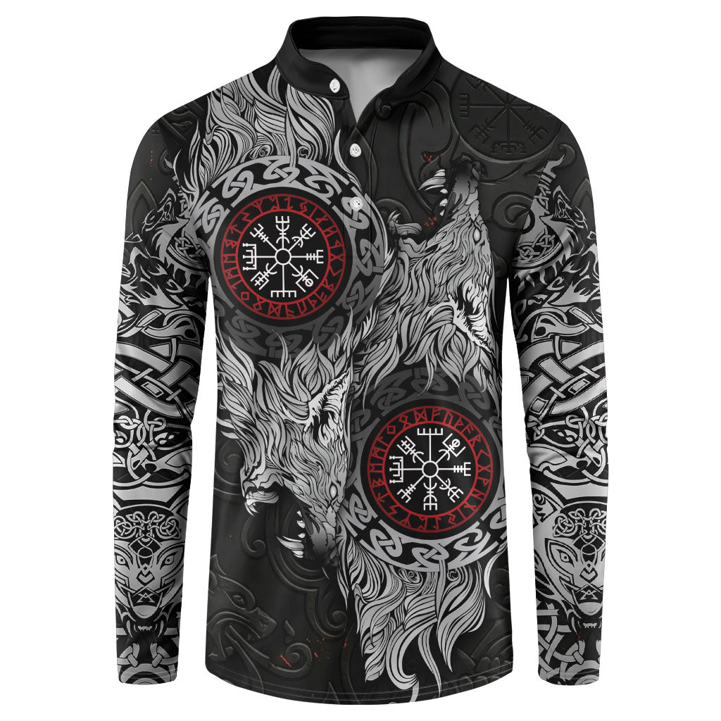 Fenrir Wolf and Vegvisir Viking Button Sweatshirt Nordic Celtic Knotwork Black and Red Tribal Art