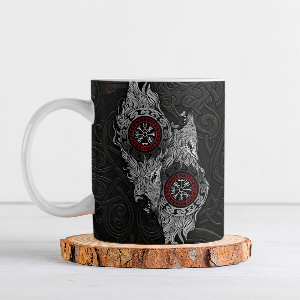 Fenrir Wolf and Vegvisir Viking Ceramic Mug Nordic Celtic Knotwork Black and Red Tribal Art
