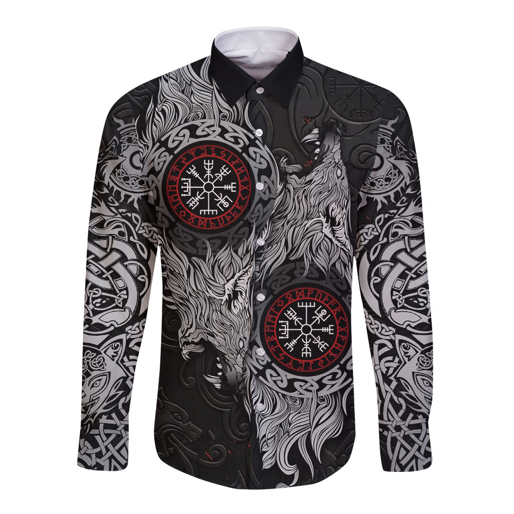 Fenrir Wolf and Vegvisir Viking Long Sleeve Button Shirt Nordic Celtic Knotwork Black and Red Tribal Art