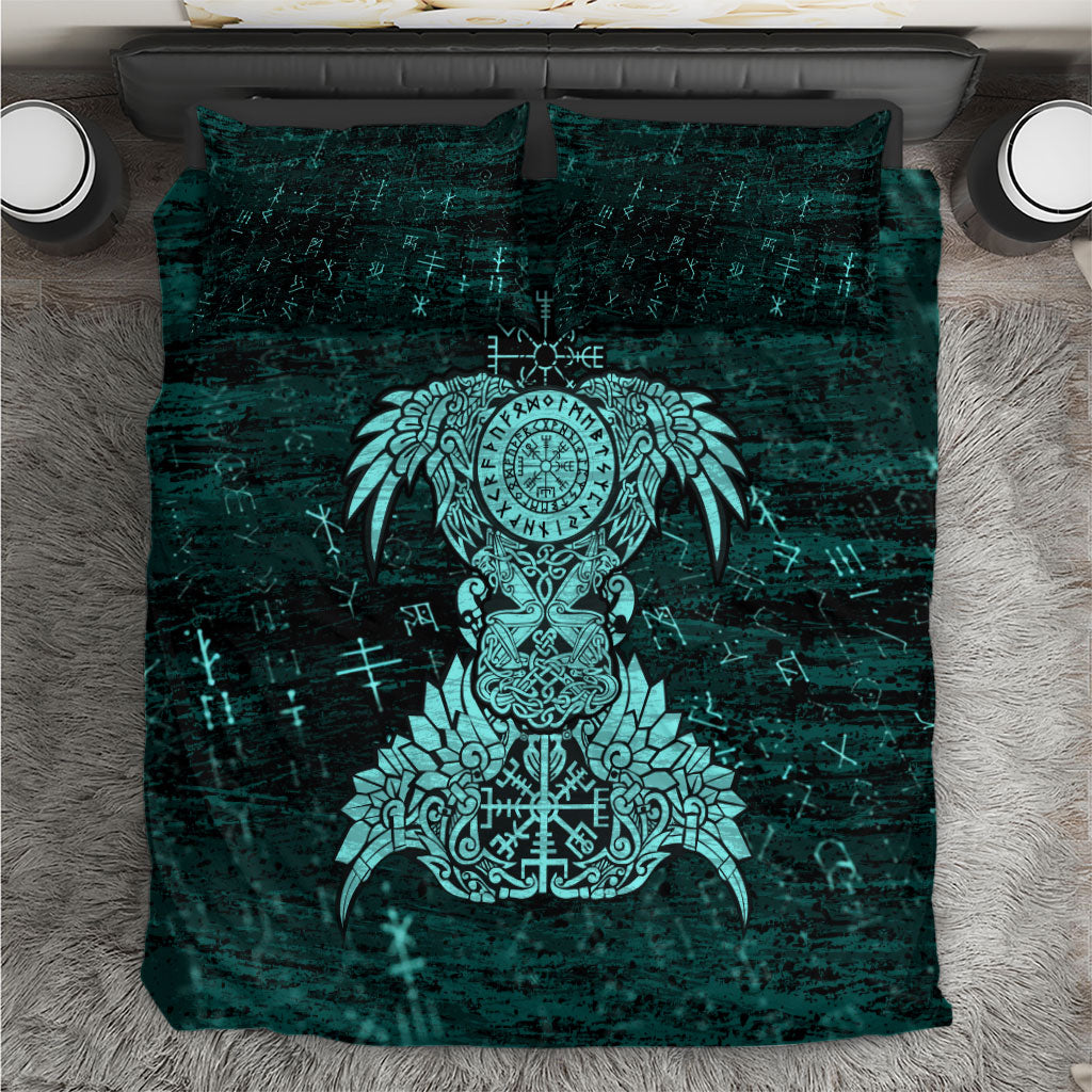 Valknut Ravens and Vegvisir Helm of Awe Bedding Set Viking Nordic Celtic Knotwork Turquoise Runic Art