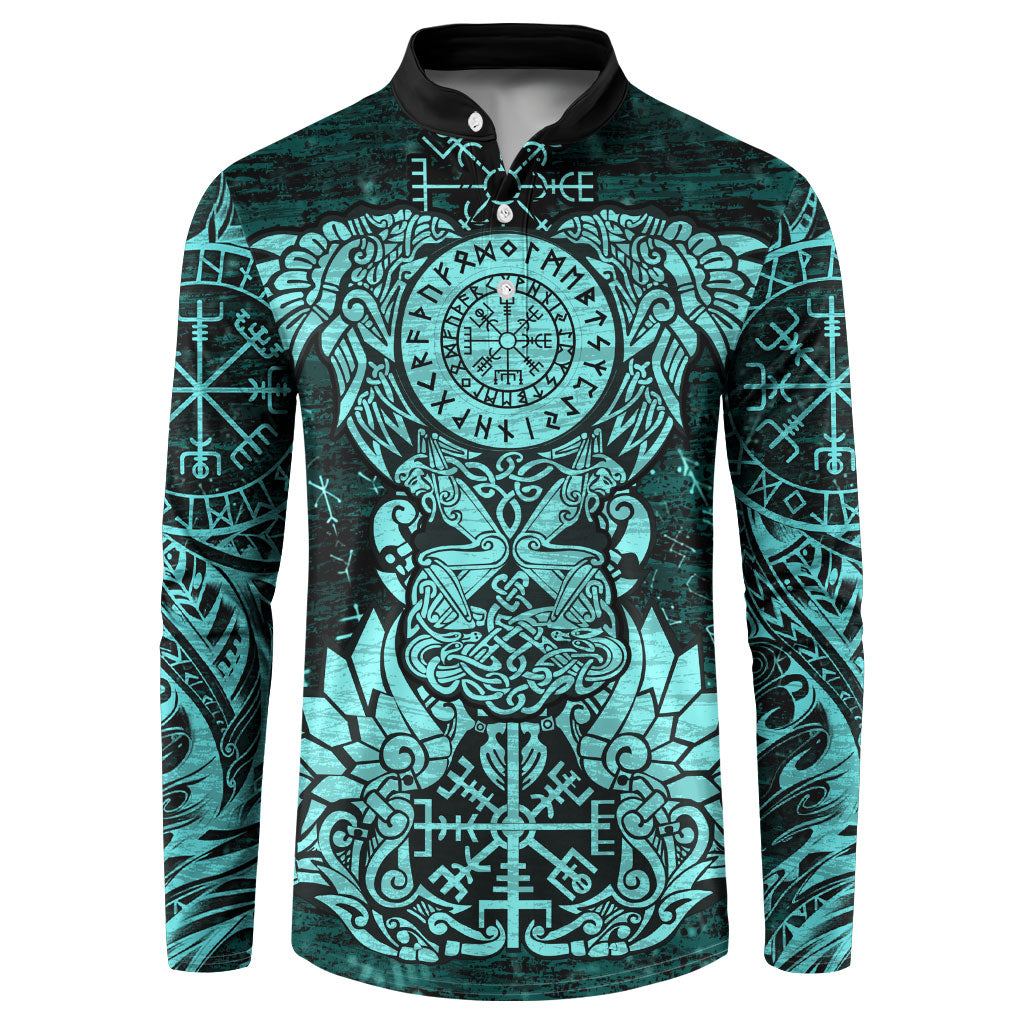 Valknut Ravens and Vegvisir Helm of Awe Button Sweatshirt Viking Nordic Celtic Knotwork Turquoise Runic Art