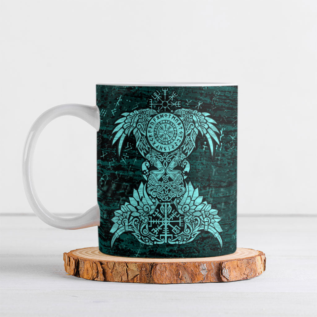 Valknut Ravens and Vegvisir Helm of Awe Ceramic Mug Viking Nordic Celtic Knotwork Turquoise Runic Art