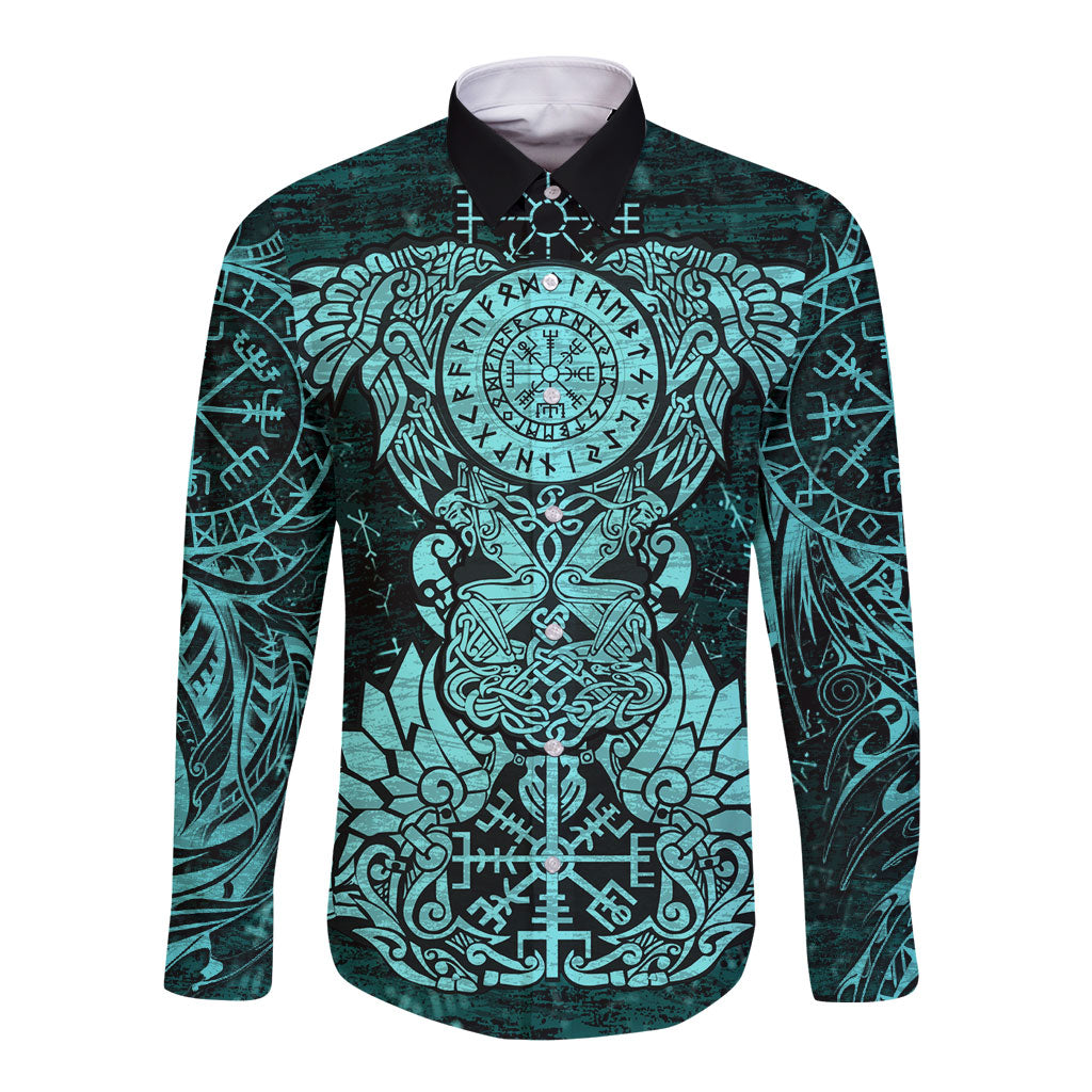 Valknut Ravens and Vegvisir Helm of Awe Long Sleeve Button Shirt Viking Nordic Celtic Knotwork Turquoise Runic Art