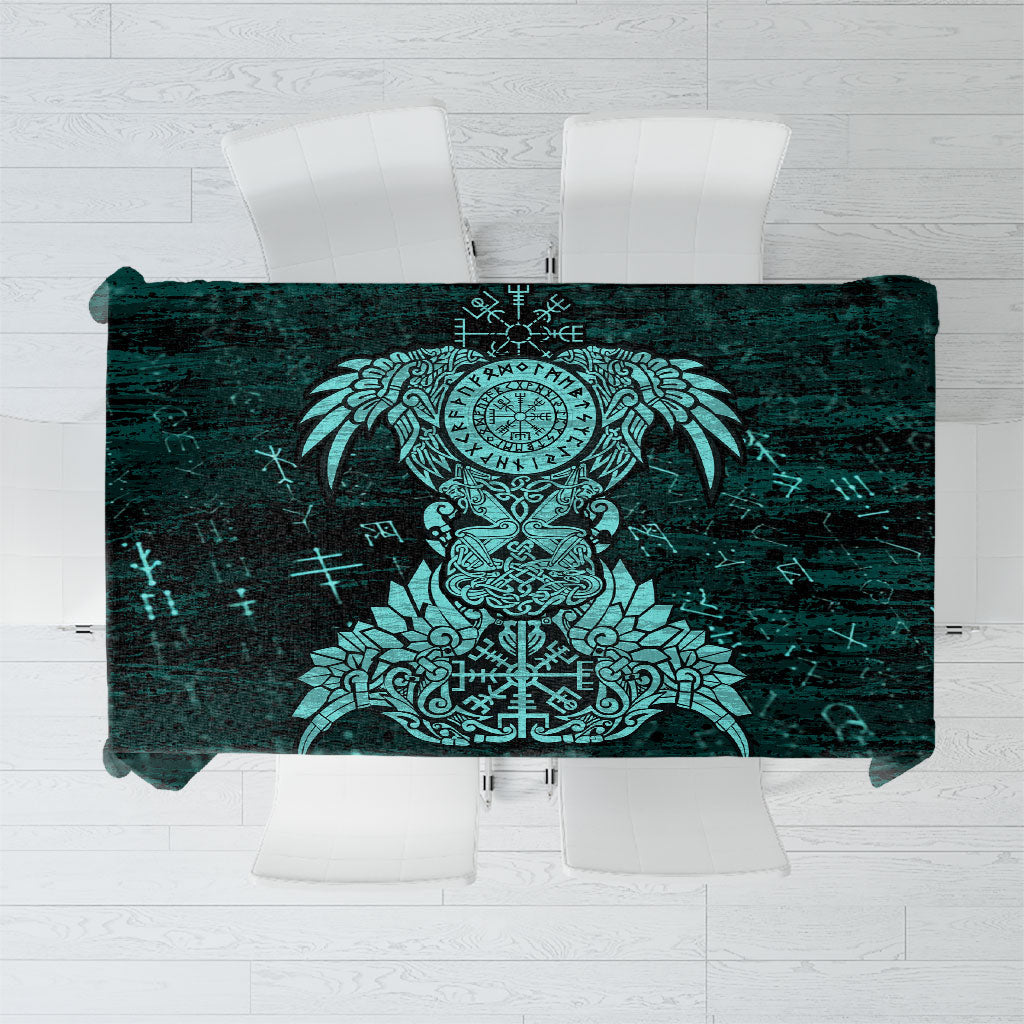 Valknut Ravens and Vegvisir Helm of Awe Tablecloth Viking Nordic Celtic Knotwork Turquoise Runic Art