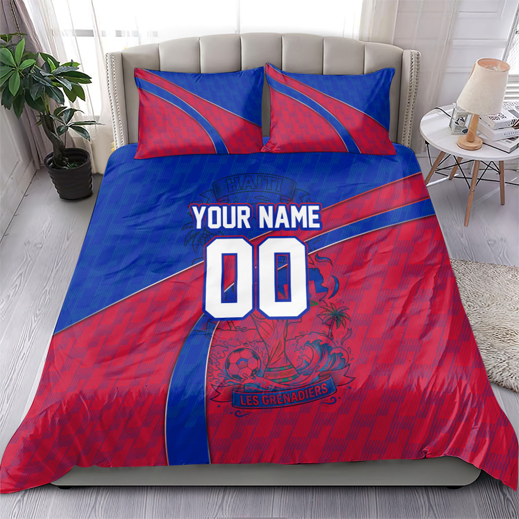 Personalized Haiti Soccer Les Grenadiers Bedding Set Championship Football 2026 Trophy Haitian Flag Map