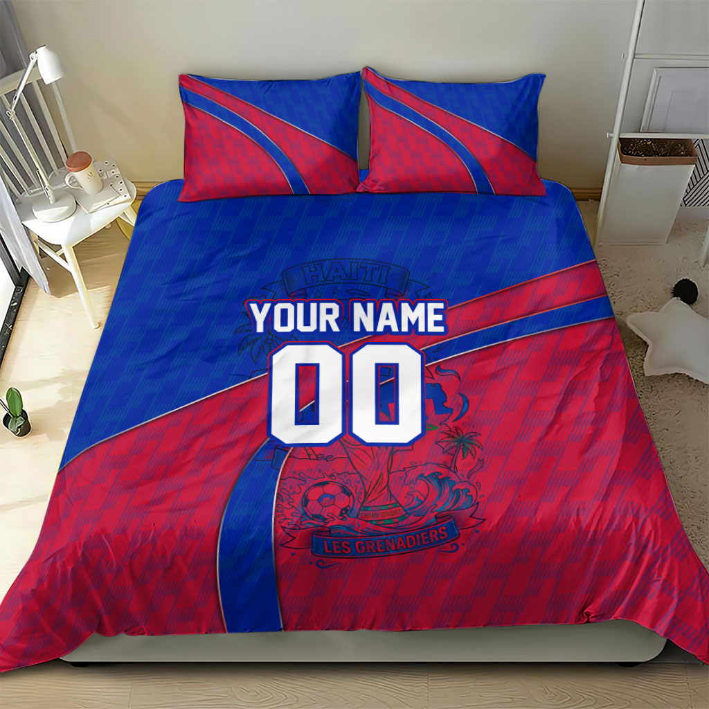 Personalized Haiti Soccer Les Grenadiers Bedding Set Championship Football 2026 Trophy Haitian Flag Map