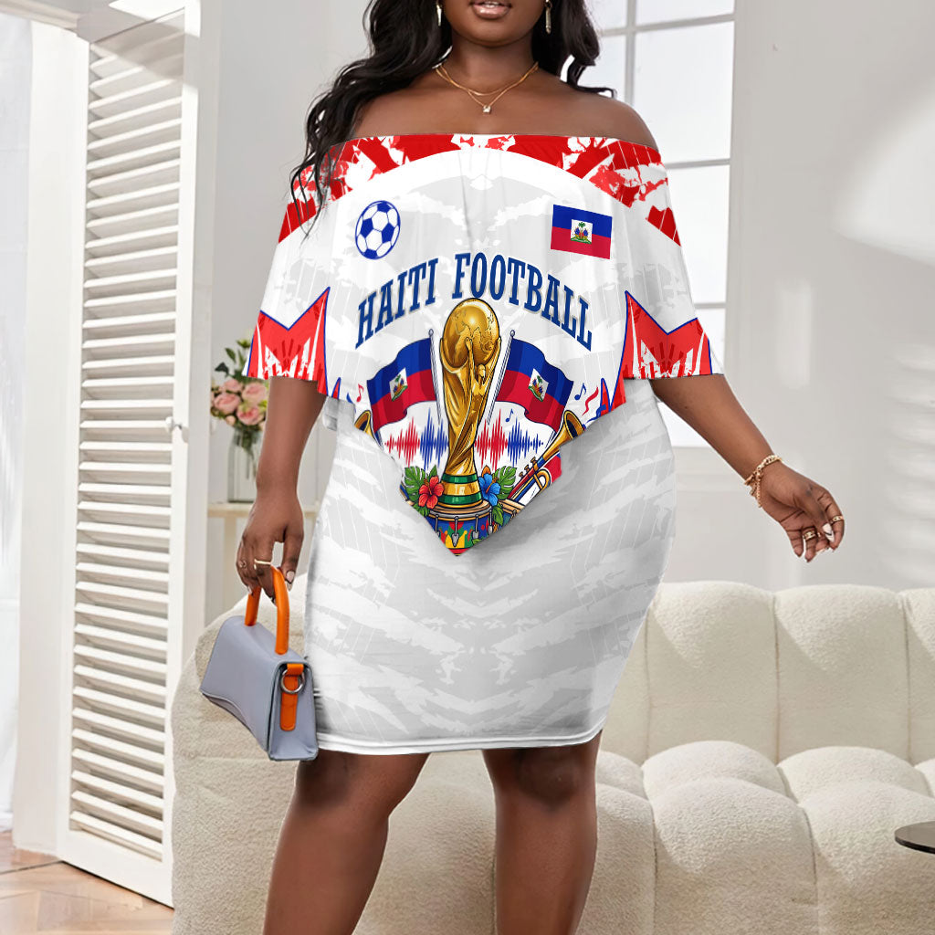 Custom Haiti Football Champions Off Shoulder Short Dress Haitian Soccer Fan - Tanbou Drums Tropical Flowers