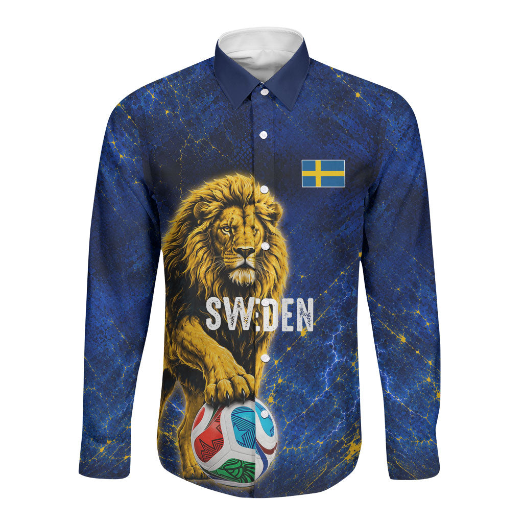 Personalized Sweden Football Lion Long Sleeve Button Shirt Electric Lightning Mascot
