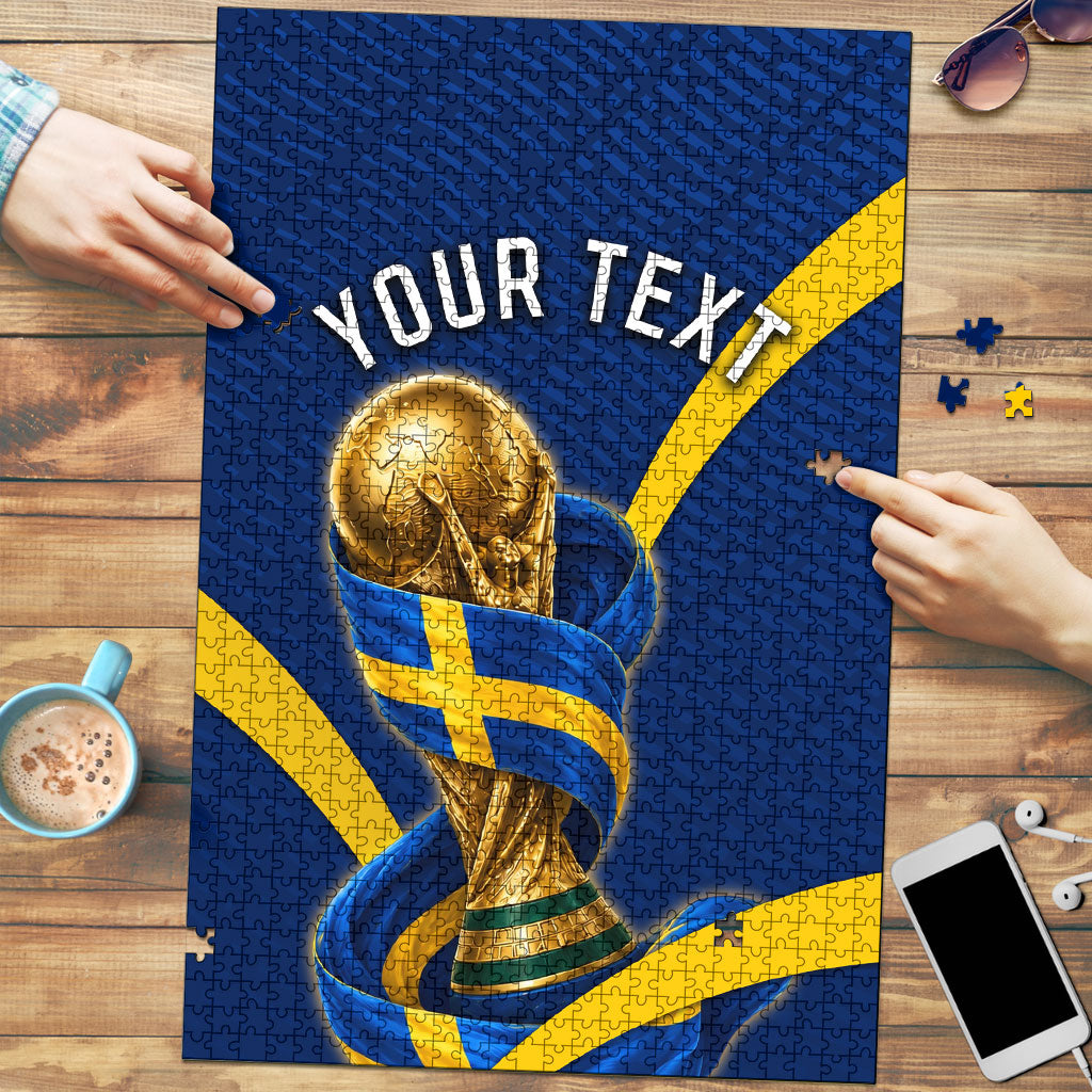 Personalized Sweden Football Trophy Puzzle Golden Cup Flag Ribbon Dynamic Stripes
