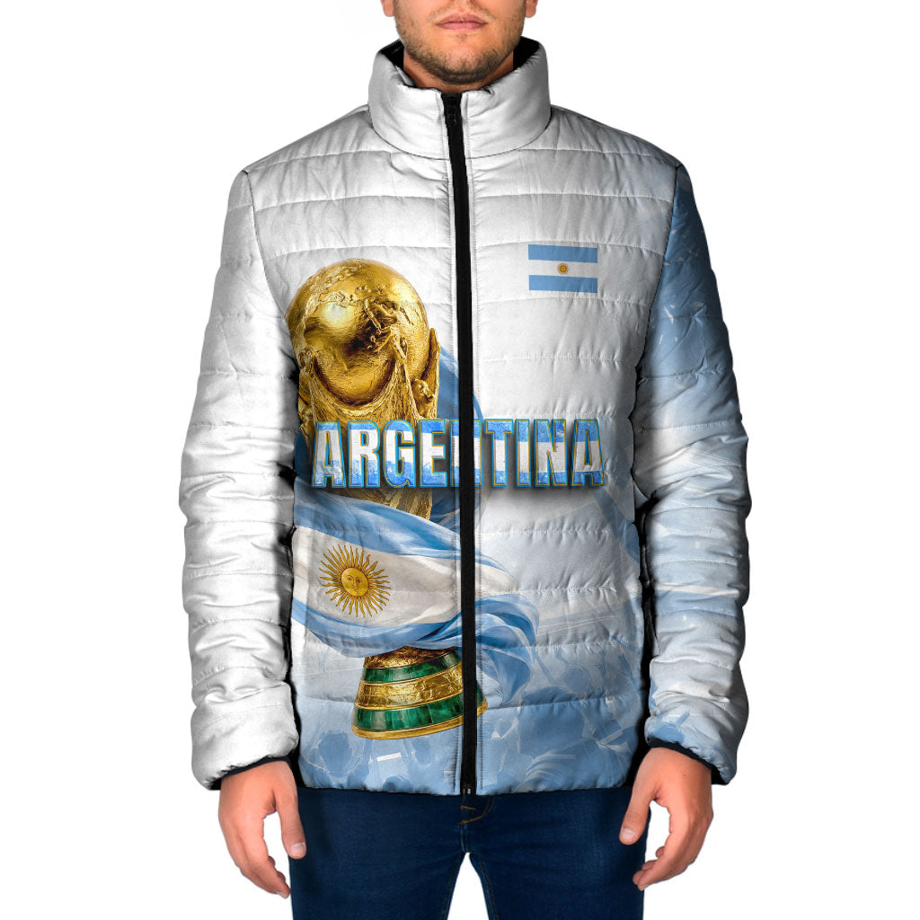 Personalized Argentina Football Champion Trophy Padded Jacket Flag Soccer Fan Graphic