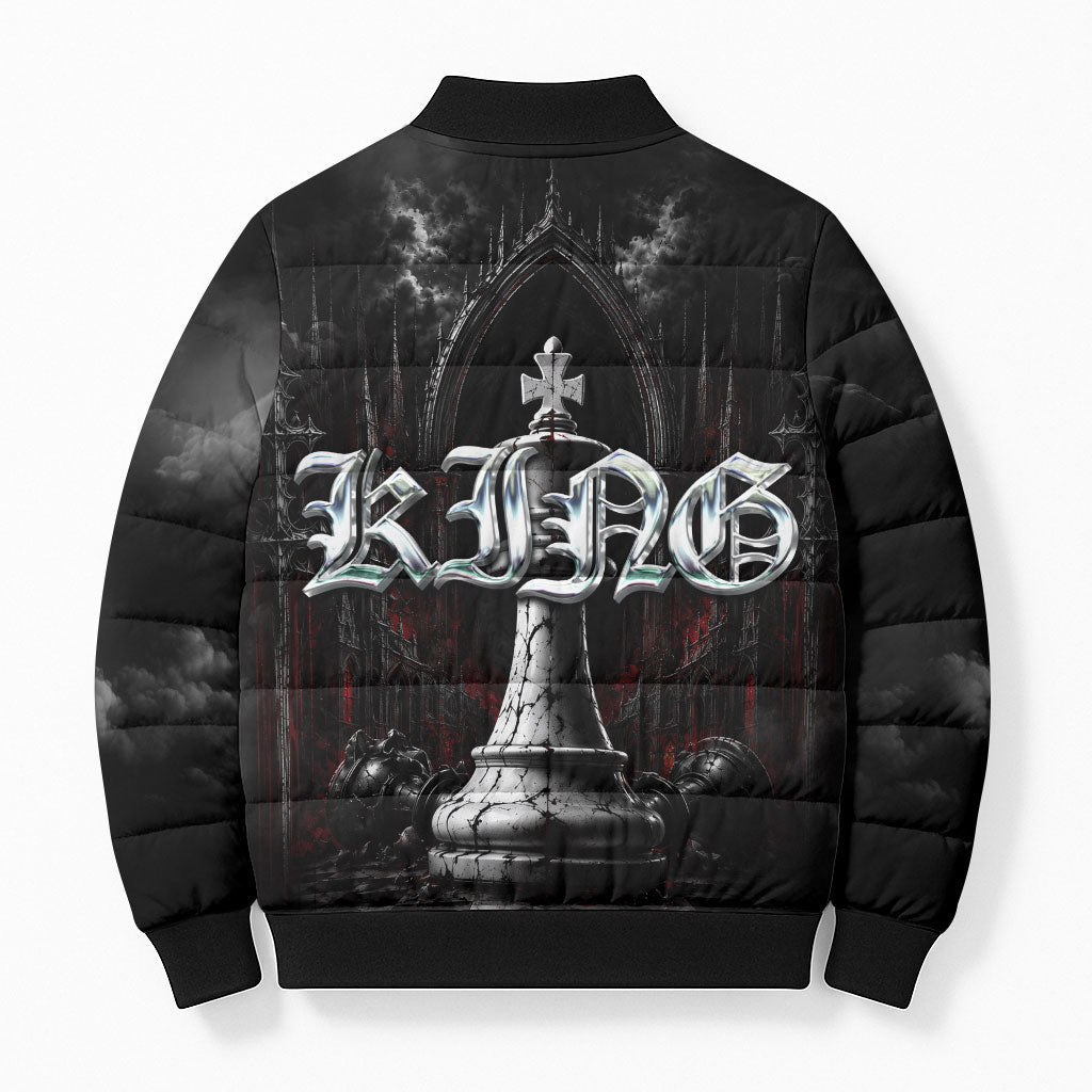 King Chess Piece Bomber Puffer Jacket Dark Gothic Fantasy Board Game Art