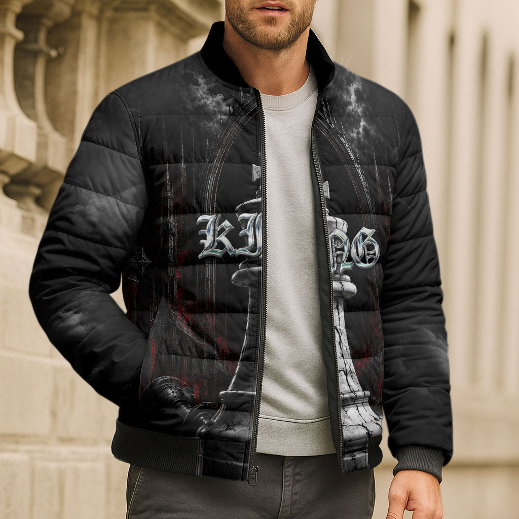 King Chess Piece Bomber Puffer Jacket Dark Gothic Fantasy Board Game Art