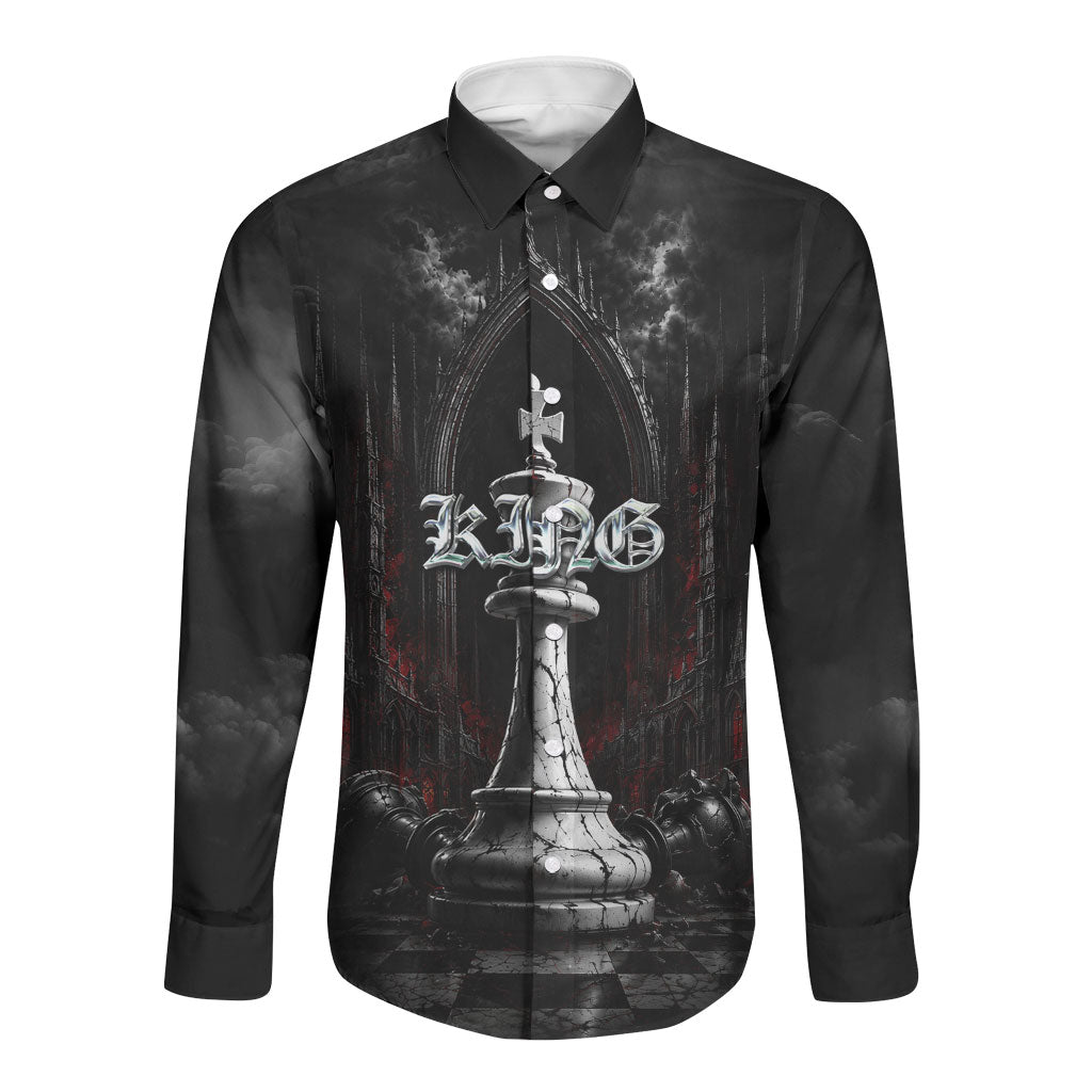 King Chess Piece Long Sleeve Button Shirt Dark Gothic Fantasy Board Game Art