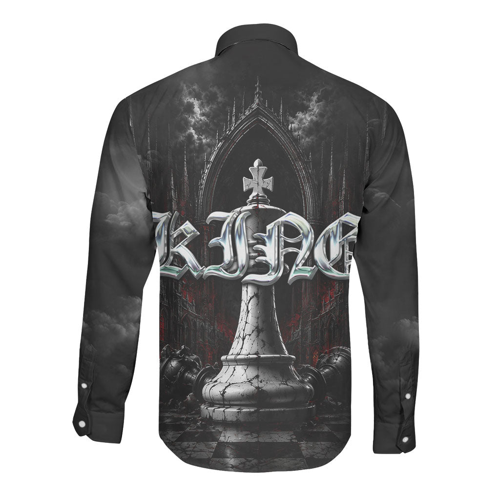 King Chess Piece Long Sleeve Button Shirt Dark Gothic Fantasy Board Game Art