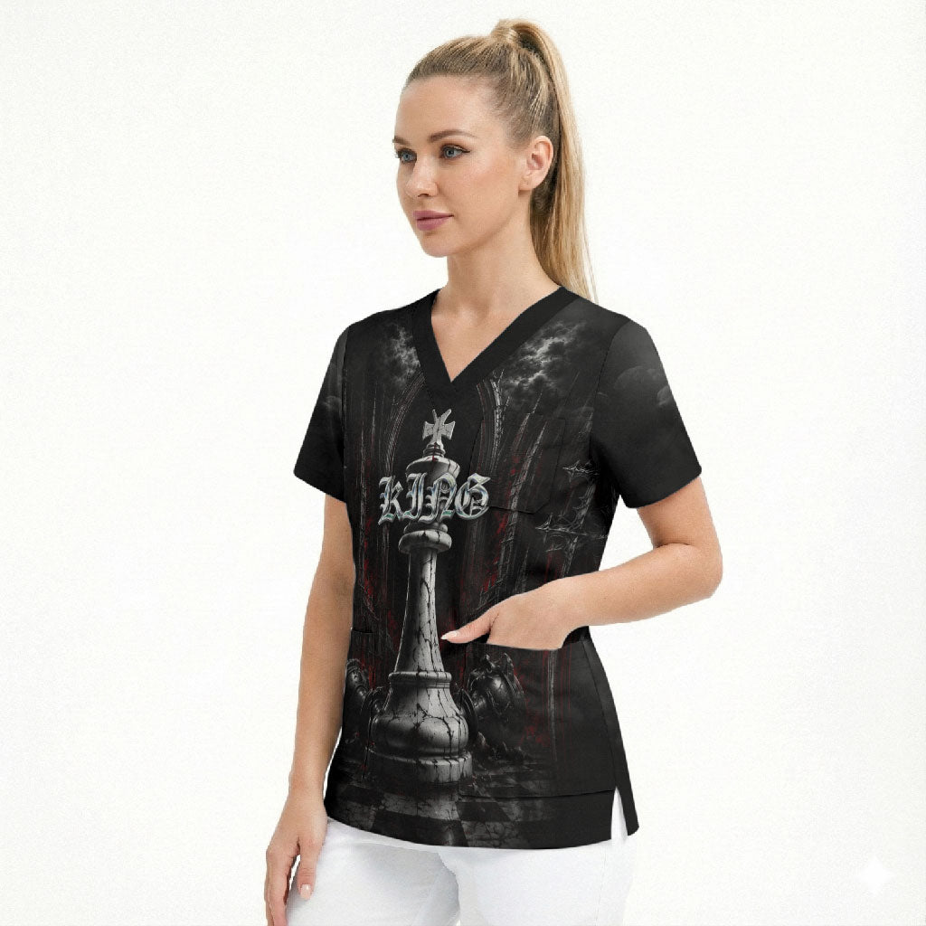 King Chess Piece Scrub Top Dark Gothic Fantasy Board Game Art