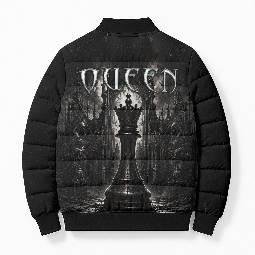 Chess Queen Bomber Puffer Jacket Strategic Board Game Gothic Dark Fantasy