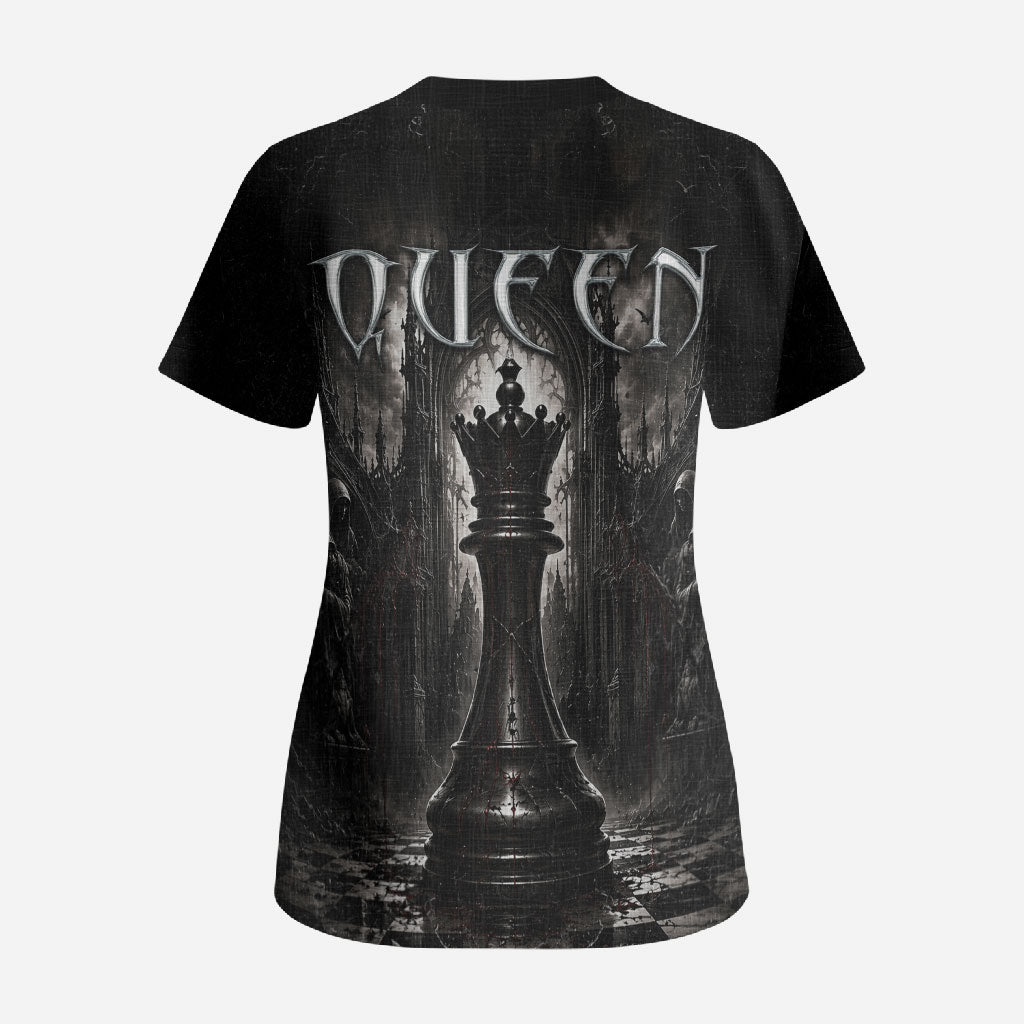 Chess Queen Scrub Top Strategic Board Game Gothic Dark Fantasy