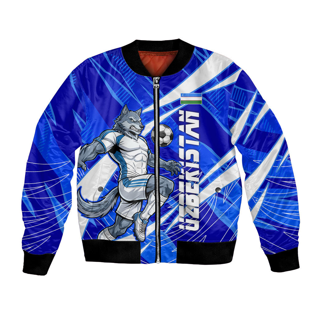 Personalized Uzbekistan Soccer Wolf Mascot Bomber Jacket Uzbekistan Football Dynamic Cartoon Geometric