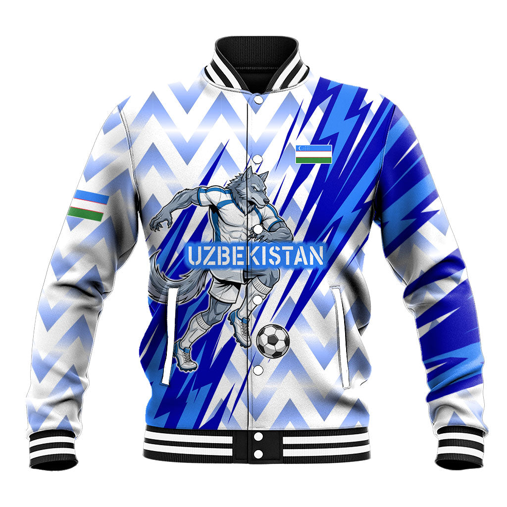 Personalized Uzbekistan Soccer Baseball Jacket Wolf Mascot Chevron Zigzag Pattern