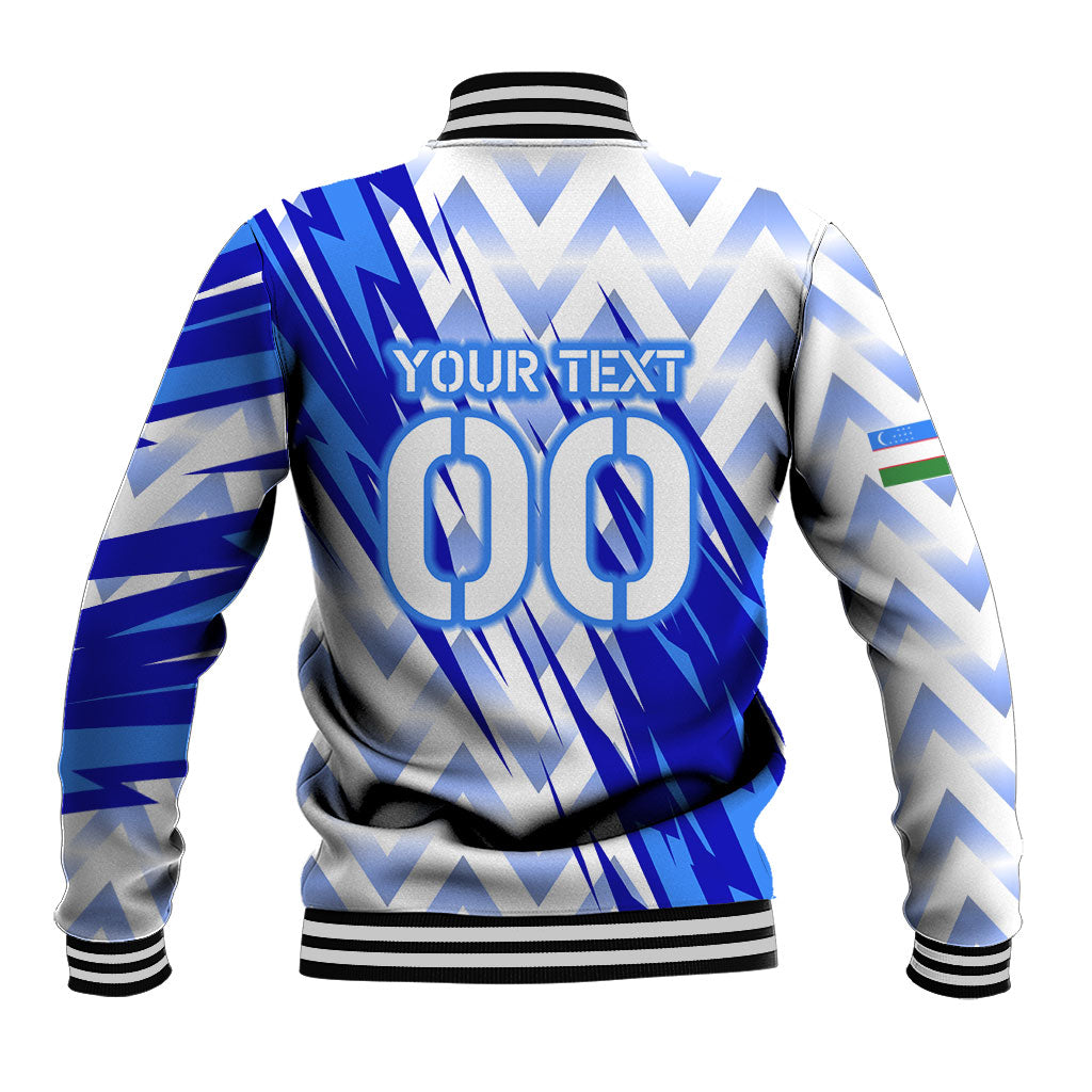 Personalized Uzbekistan Soccer Baseball Jacket Wolf Mascot Chevron Zigzag Pattern