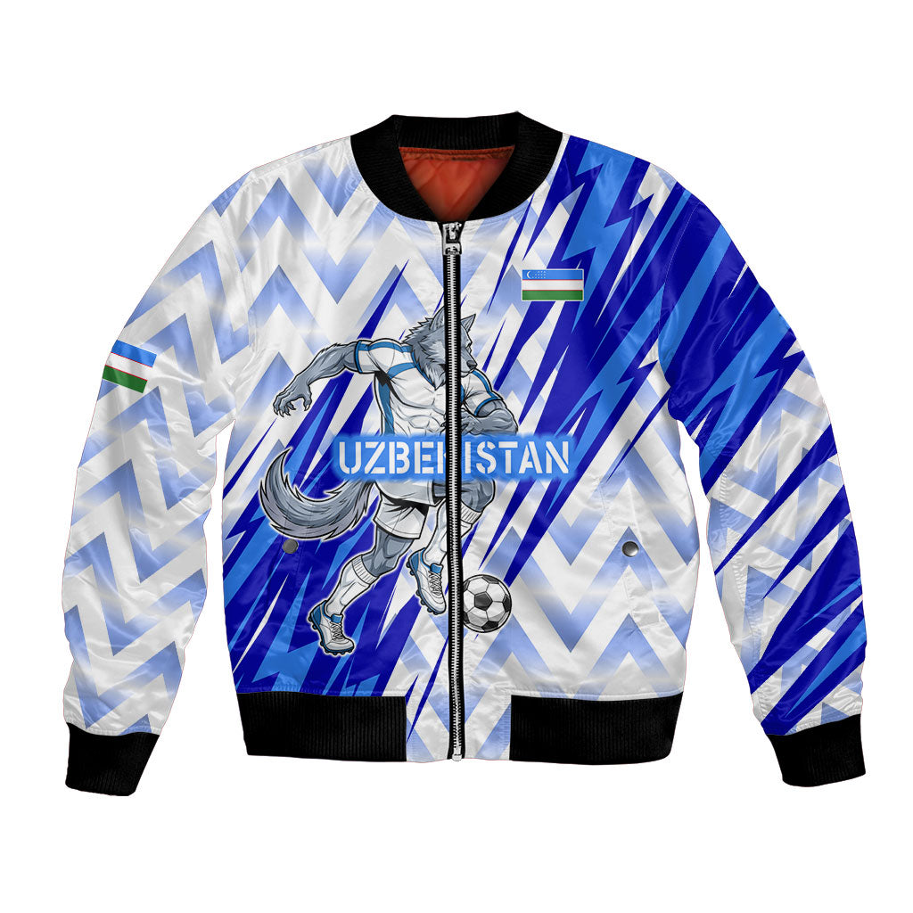 Personalized Uzbekistan Soccer Bomber Jacket Wolf Mascot Chevron Zigzag Pattern