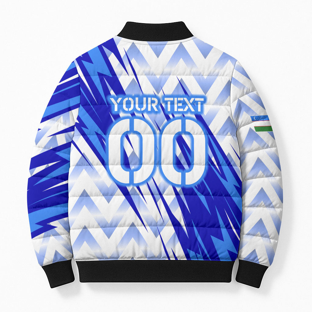 Personalized Uzbekistan Soccer Bomber Puffer Jacket Wolf Mascot Chevron Zigzag Pattern