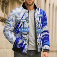 Personalized Uzbekistan Soccer Bomber Puffer Jacket Wolf Mascot Chevron Zigzag Pattern
