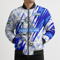 Personalized Uzbekistan Soccer Bomber Puffer Jacket Wolf Mascot Chevron Zigzag Pattern