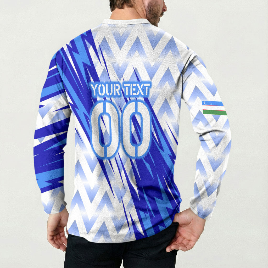 Personalized Uzbekistan Soccer Button Sweatshirt Wolf Mascot Chevron Zigzag Pattern