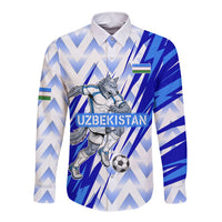 Personalized Uzbekistan Soccer Long Sleeve Button Shirt Wolf Mascot Chevron Zigzag Pattern