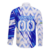 Personalized Uzbekistan Soccer Long Sleeve Button Shirt Wolf Mascot Chevron Zigzag Pattern