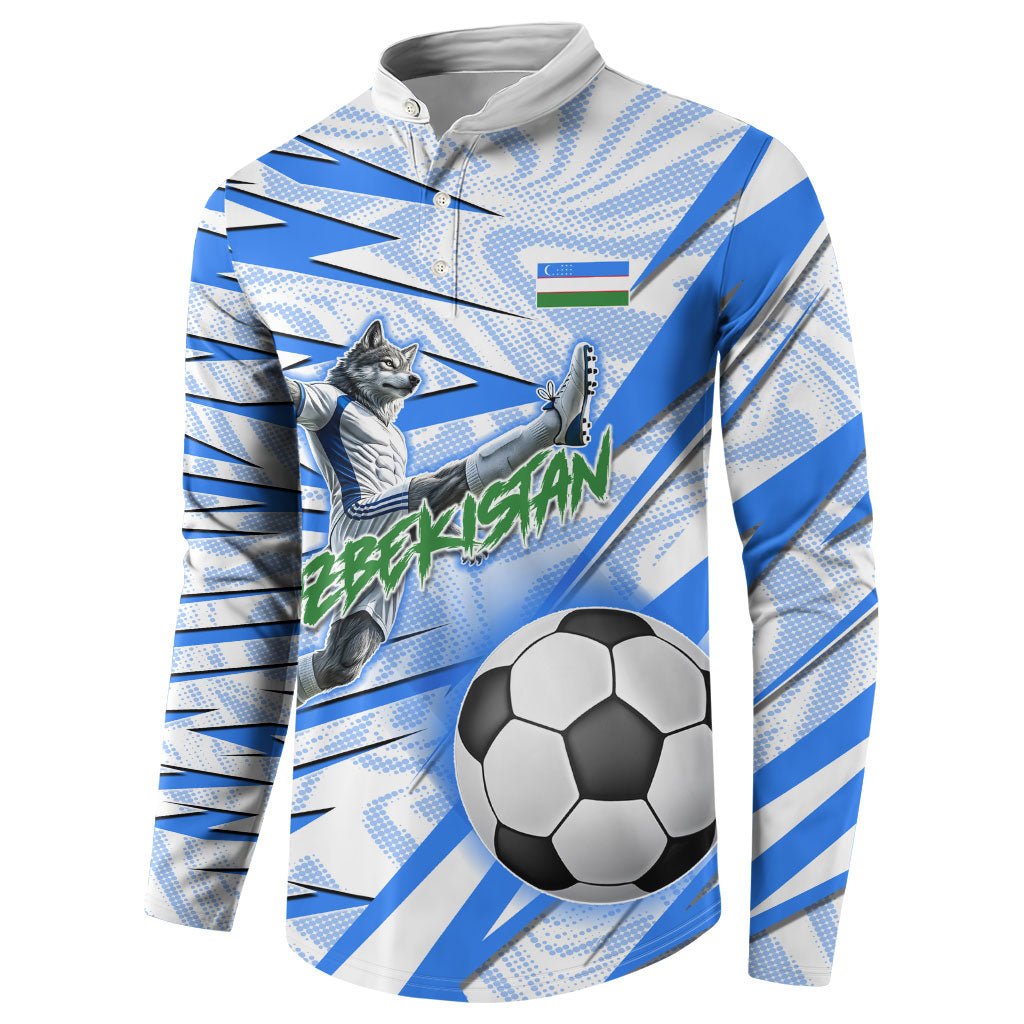 Personalized Uzbekistan Soccer Button Sweatshirt White Wolves Football Halftone Pattern