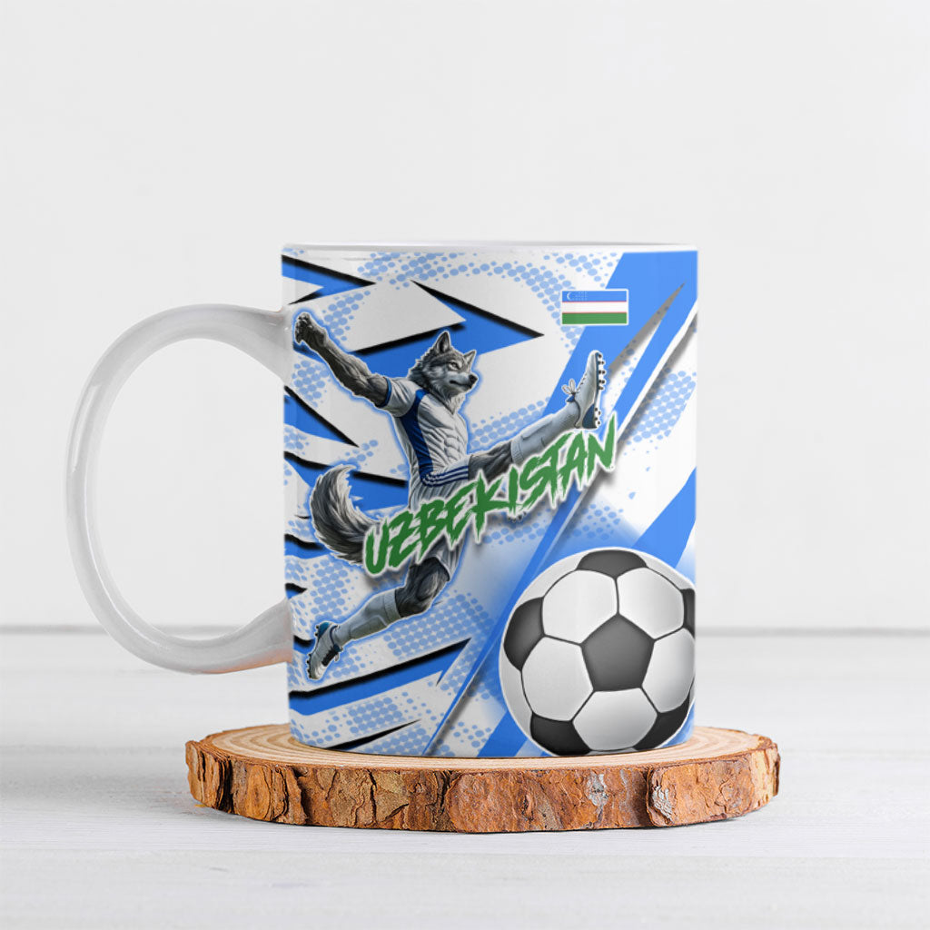 Personalized Uzbekistan Soccer Ceramic Mug White Wolves Football Halftone Pattern