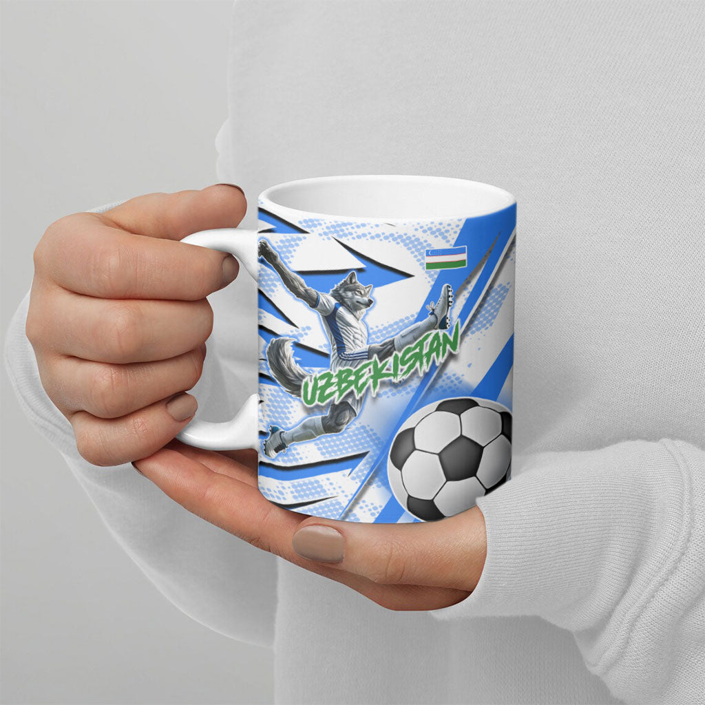 Personalized Uzbekistan Soccer Ceramic Mug White Wolves Football Halftone Pattern