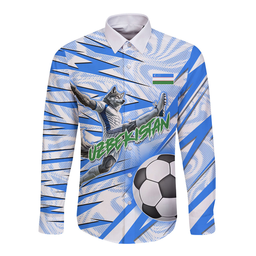 Personalized Uzbekistan Soccer Long Sleeve Button Shirt White Wolves Football Halftone Pattern