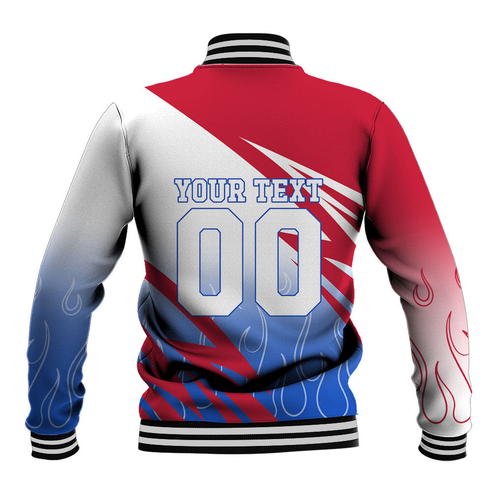 Personalized England Football Baseball Jacket Dynamic Lion Athlete Red Blue Flame