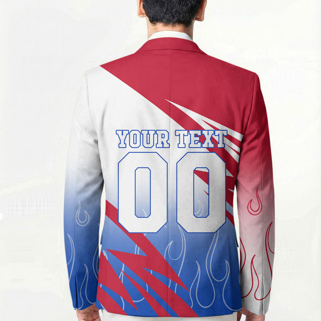 Personalized England Football Blazer Dynamic Lion Athlete Red Blue Flame